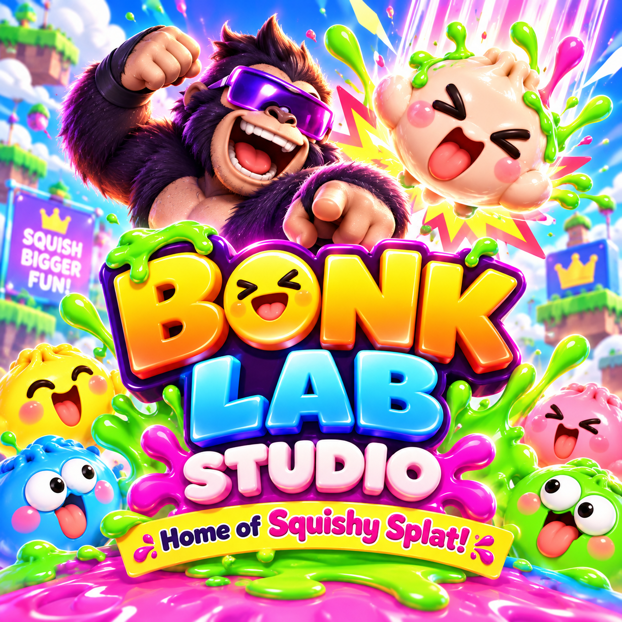 Approved Bonk Lab Studio artwork: a purple gorilla in sunglasses, colorful squishies, and the words Bonk Lab Studio — Home of Squishy Splat!