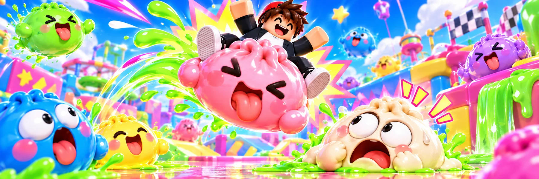Approved promotional artwork of colorful squishies in a slime-filled obstacle-course world, with a rider on a pink squishy and a startled cream dumpling