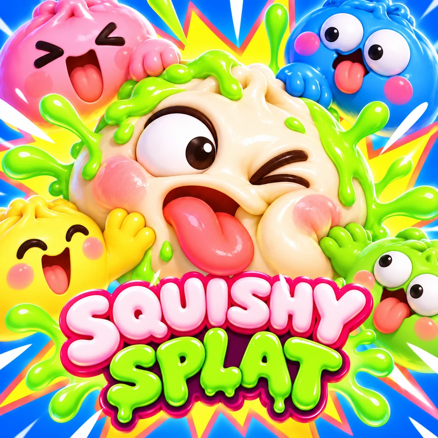 Squishy Splat promotional illustration: a cream folded-top dumpling covered in slime, surrounded by pink, blue, yellow and green squishies